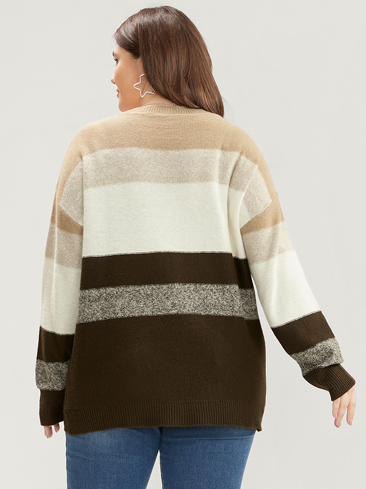 Plus Size Colorblock Contrast Soft Sexy Yarn Knit Fluffy Knit Top Brown Women Casual Loose Long Sleeve V-neck Dailywear Pullovers BloomChic 18-20/2X 