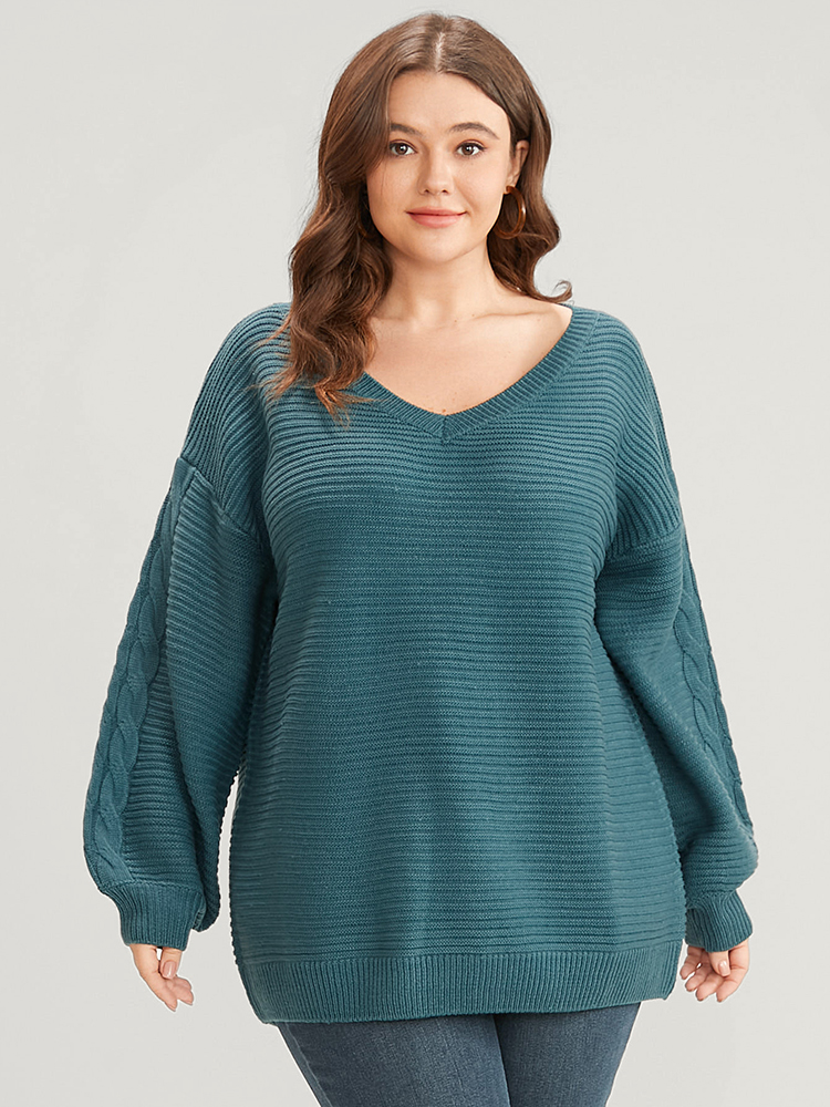 

Plus Size Solid Pointelle Knit V Neck Lantern Sleeve Cable Knit Top Emerald Women Casual Loose Long Sleeve V-neck Dailywear Pullovers BloomChic