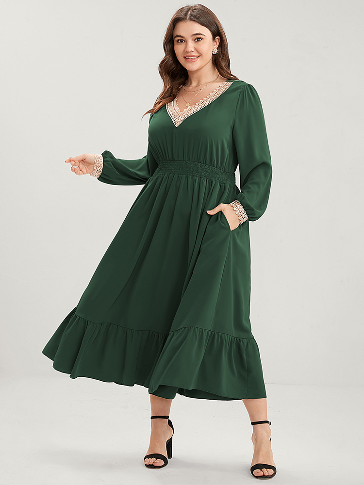 

Plus Size Solid Lantern Sleeve Shirred Pocket Lace Trim Ruffle Hem Dress Green Women Elegant Patchwork V-neck Long Sleeve Curvy Midi Dress BloomChic