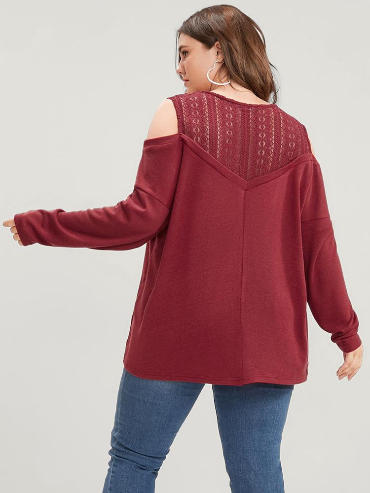Plus Size Solid Lace Mesh Cold Shoulder Sweatshirt Women Burgundy Elegant See through Round Neck Dailywear Sweatshirts BloomChic 26/4X 