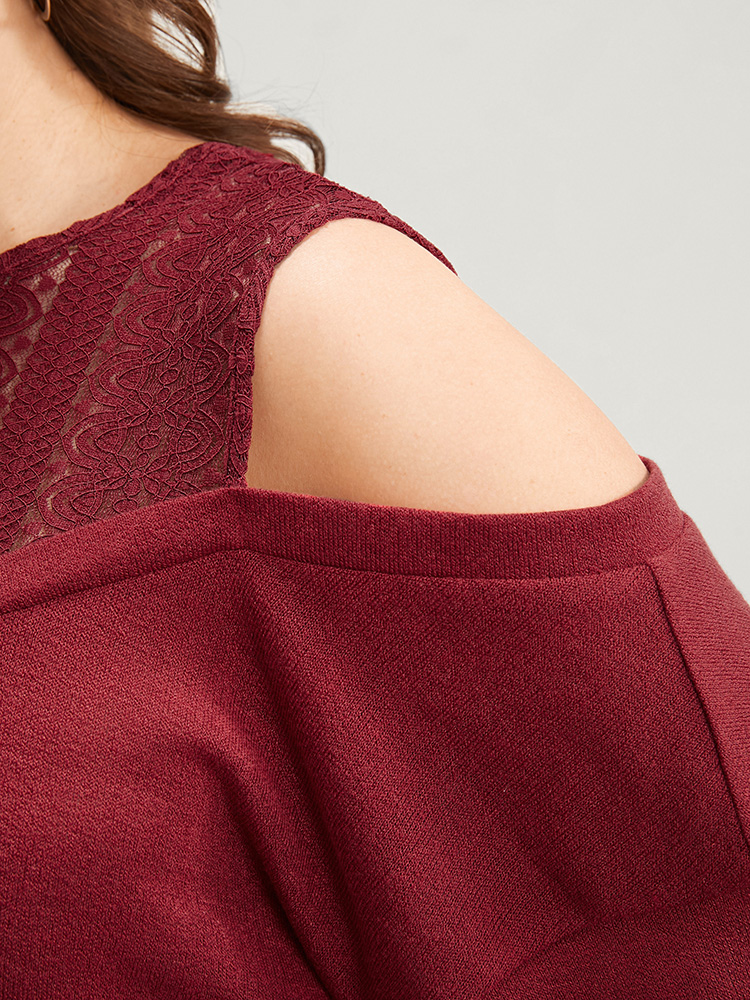 Plus Size Solid Lace Mesh Cold Shoulder Sweatshirt Women Burgundy Elegant See through Round Neck Dailywear Sweatshirts BloomChic 26/4X 