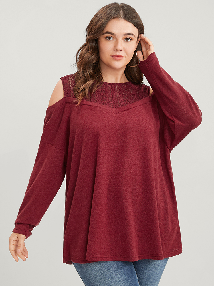 Plus Size Solid Lace Mesh Cold Shoulder Sweatshirt Women Burgundy Elegant See through Round Neck Dailywear Sweatshirts BloomChic 26/4X 