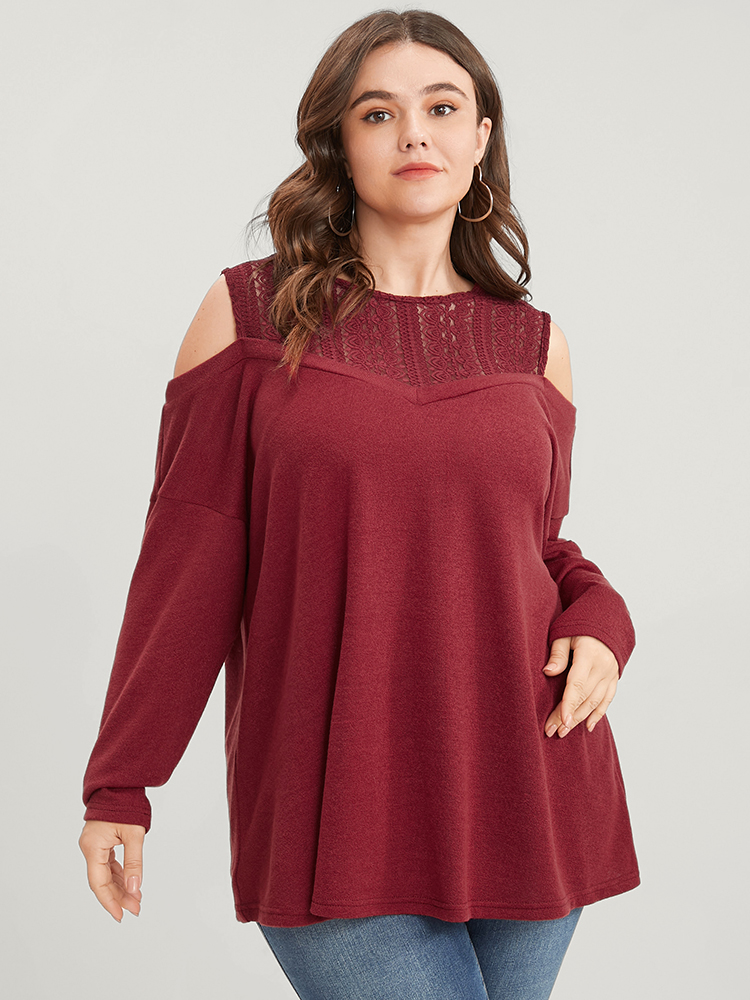 Plus Size Solid Lace Mesh Cold Shoulder Sweatshirt Women Burgundy Elegant See through Round Neck Dailywear Sweatshirts BloomChic 26/4X 