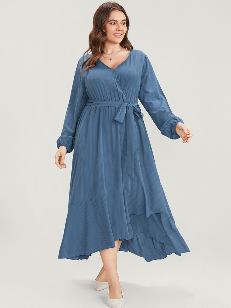 

Plus Size Solid Surplice Neck Lantern Sleeve Pocket Belted Asymmetrical Hem Dress Cerulean Women Elegant Asymmetrical V-neck Long Sleeve Curvy Midi Dress BloomChic