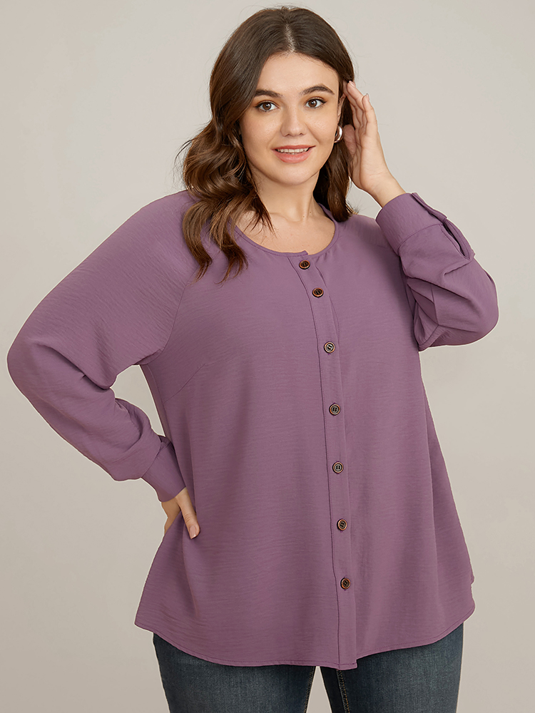 Plus Size Women Work Plain Button Regular Sleeve Long Sleeve Round Neck Office Blouses BloomChic 