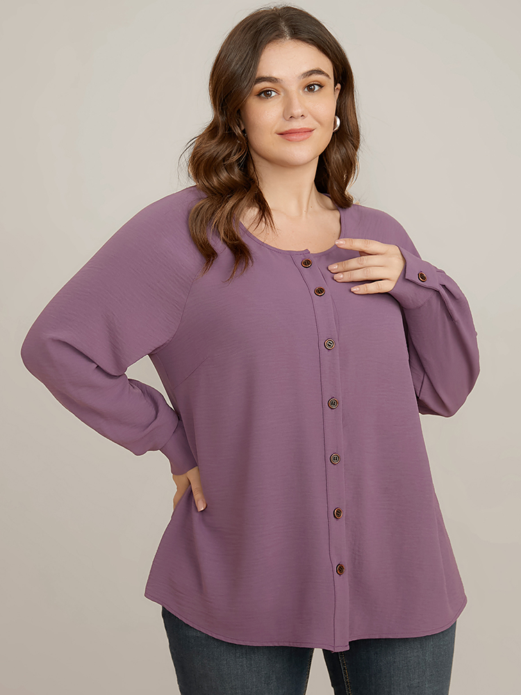 Plus Size Women Work Plain Button Regular Sleeve Long Sleeve Round Neck Office Blouses BloomChic 