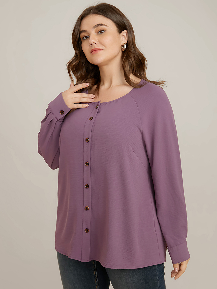Plus Size Women Work Plain Button Regular Sleeve Long Sleeve Round Neck Office Blouses BloomChic 