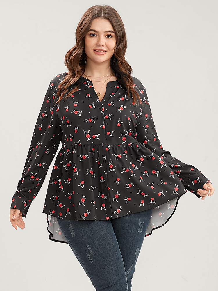 

Plus Size Midnight Floral Print Button Up High Low Hem Blouse Women Elegant Long Sleeve V-neck Dailywear Blouses BloomChic