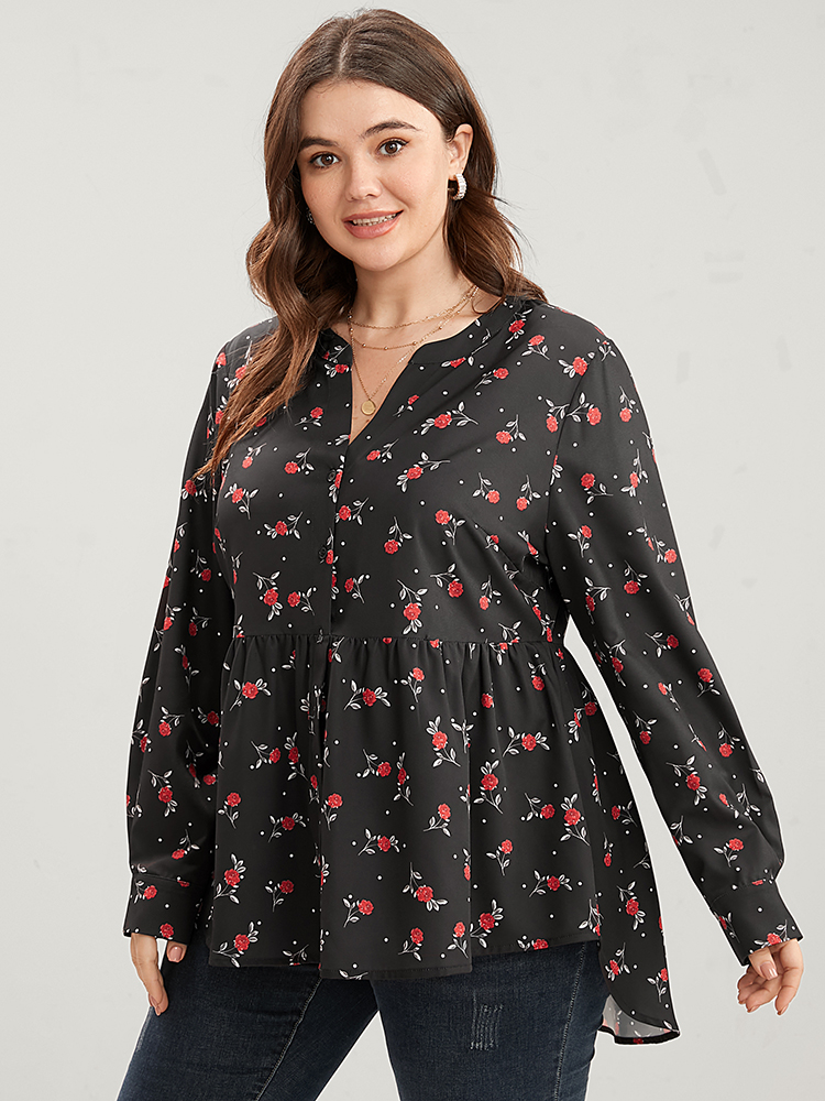 

Plus Size Midnight Floral Print Button Up High Low Hem Blouse Women Elegant Long Sleeve V-neck Dailywear Blouses BloomChic