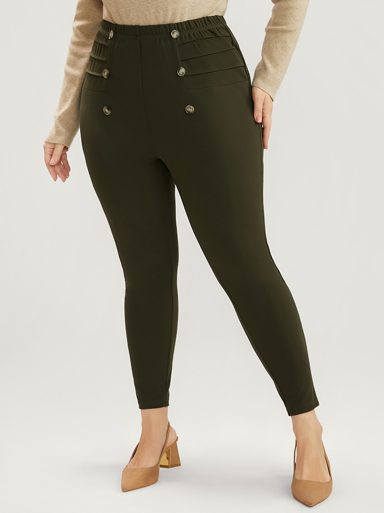 

Plus Size Solid Elastic Waist Button Detail Skinny Leggings Women ArmyGreen Elegant Low stretch Skinny Mid Rise Dailywear Leggings BloomChic