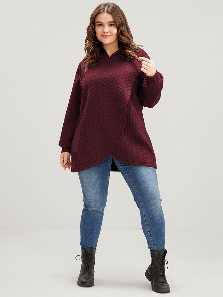 Plus Size Solid Asymmetrical Hem Cable Knit Hooded Sweatshirt Women Scarlet Lounge Asymmetrical Hooded Everyday Sweatshirts BloomChic 26/4X 