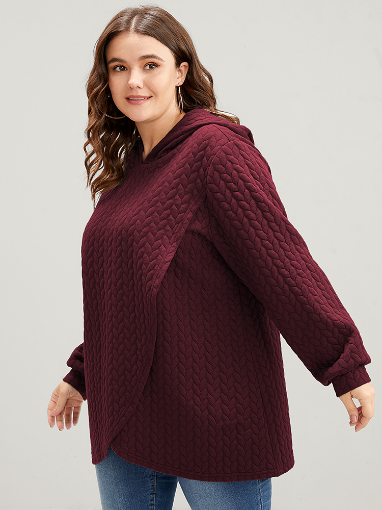 Plus Size Solid Asymmetrical Hem Cable Knit Hooded Sweatshirt Women Scarlet Lounge Asymmetrical Hooded Everyday Sweatshirts BloomChic 26/4X 