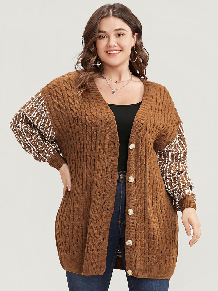 

Plus Size Gingham Contrast Soft Sexy Yarn Knit Cable Knit Button Front Cardigan Bronze Women Casual Loose Long Sleeve Dailywear Cardigans BloomChic