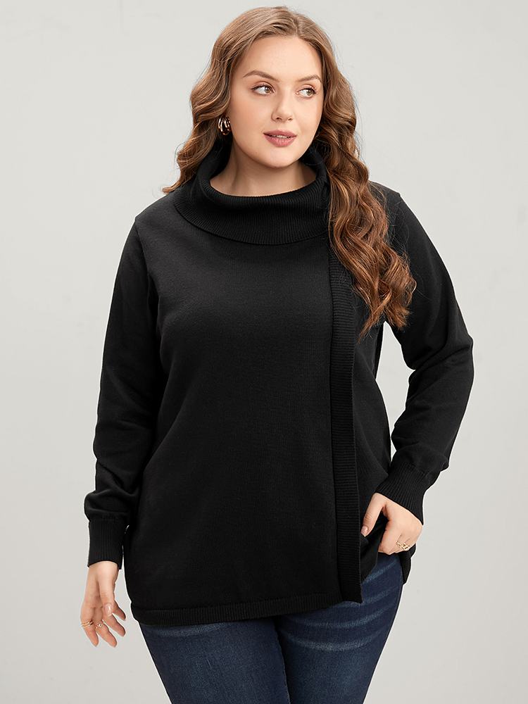 

Plus Size Solid Super Soft Knit Tie Funnel Neck Knit Top Black Women Elegant Long Sleeve Turtleneck Dailywear Pullovers BloomChic