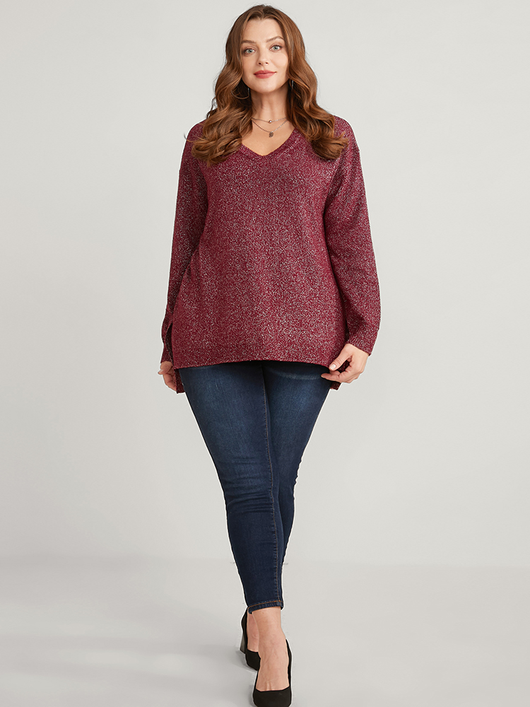 

Plus Size Solid Pointelle Knit V Neck Split Hem Glitter Knit Top Burgundy Women Casual Loose Long Sleeve V-neck Dailywear Pullovers BloomChic