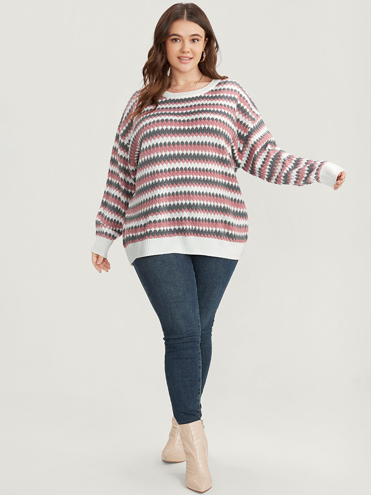 

Plus Size Striped Contrast Pointelle Knit Round Neck Loose Knit Top Multicolor Women Casual Loose Long Sleeve Round Neck Dailywear Pullovers BloomChic