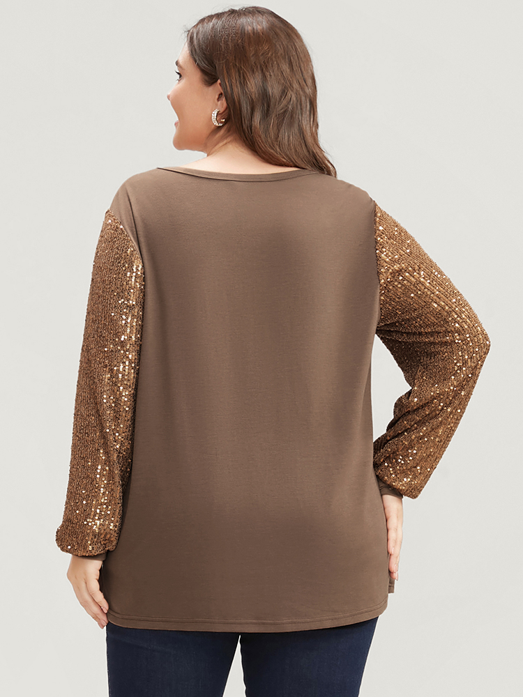 

Plus Size Sequin Patchwork Lantern Sleeve Round Neck Long Tee DarkBrown Women Elegant Plain Round Neck Going out T-shirts BloomChic