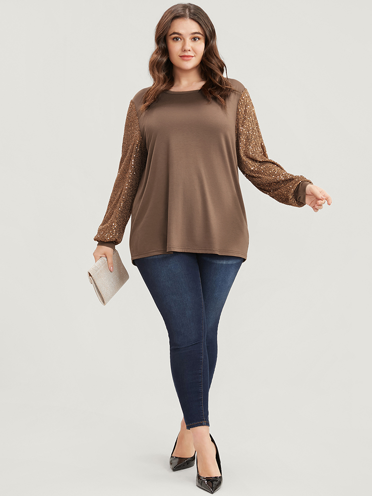 

Plus Size Sequin Patchwork Lantern Sleeve Round Neck Long Tee DarkBrown Women Elegant Plain Round Neck Going out T-shirts BloomChic