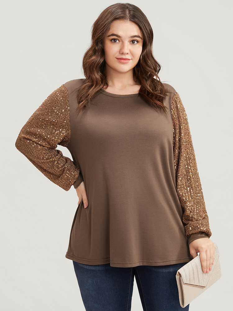 

Plus Size Sequin Patchwork Lantern Sleeve Round Neck Long Tee DarkBrown Women Elegant Plain Round Neck Going out T-shirts BloomChic