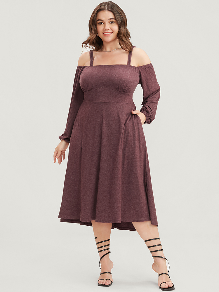 

Plus Size Solid Gathered Pocket Flutter Hem Cold Shoulder Dress Burgundy Women Elegant Adjustable Straps Cold Shoulder Long Sleeve Curvy Midi Dress BloomChic