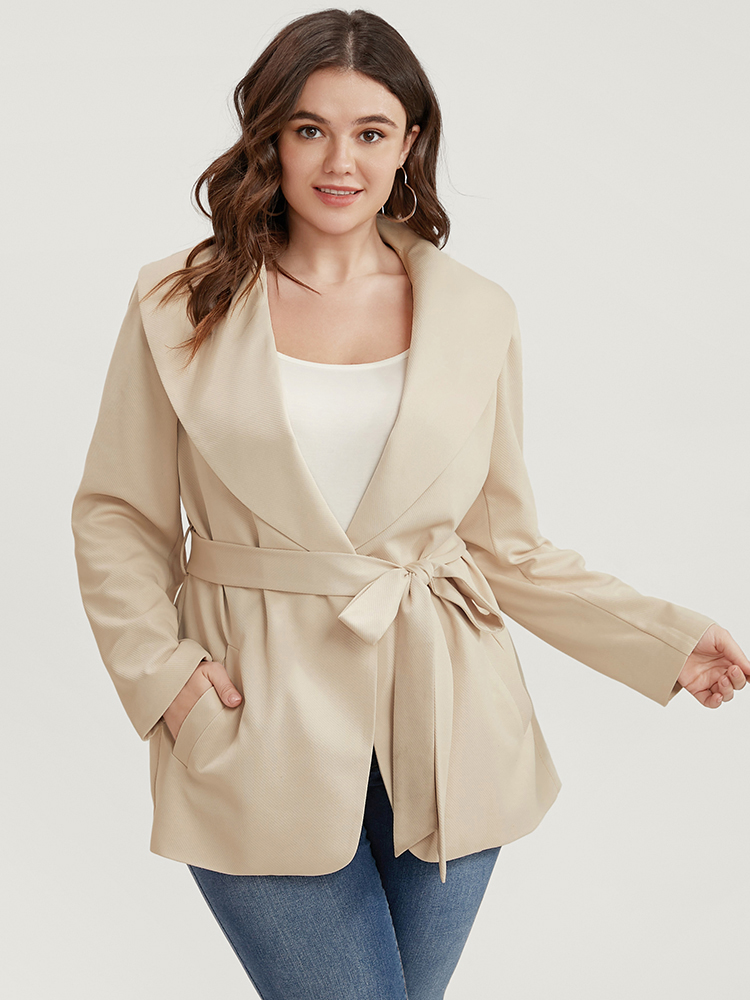 

Plus Size Solid Pocket Open Front Belted Lapel Collar Coat Women Beige Office Cross straps Ladies Dailywear Winter Coats BloomChic