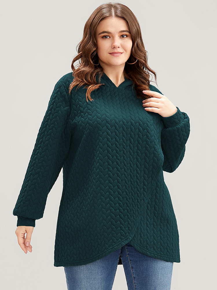 Plus Size Solid Asymmetrical Hem Cable Knit Hooded Sweatshirt Women DarkGreen Lounge Asymmetrical Hooded Everyday Sweatshirts BloomChic 26/4X 