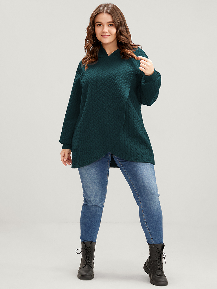 Plus Size Solid Asymmetrical Hem Cable Knit Hooded Sweatshirt Women DarkGreen Lounge Asymmetrical Hooded Everyday Sweatshirts BloomChic 26/4X 