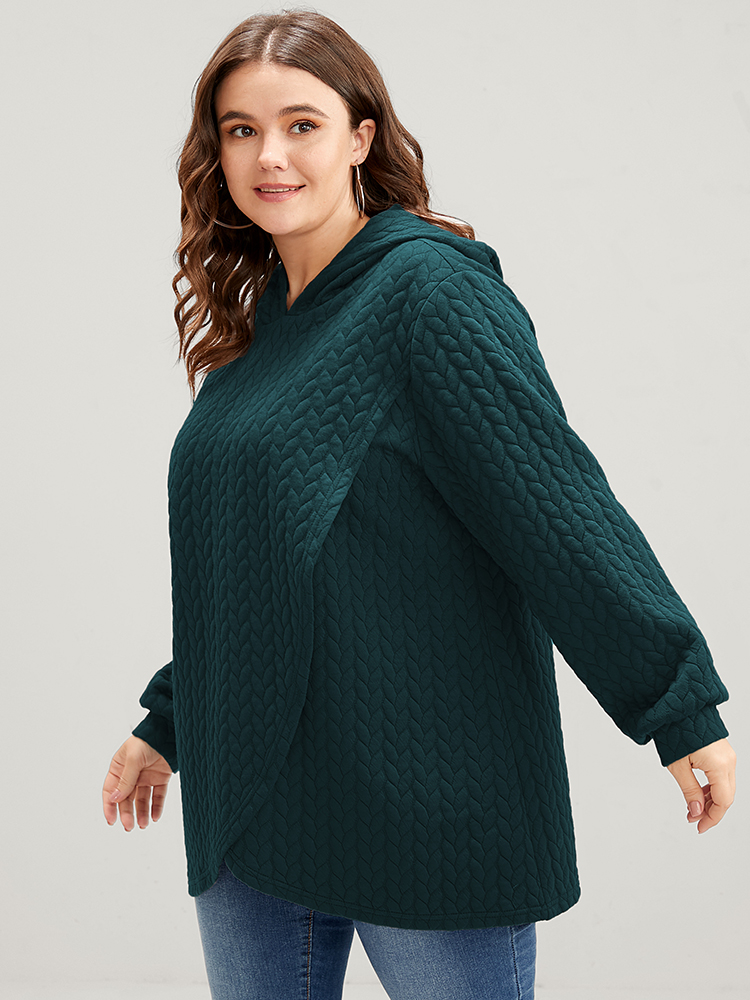 Plus Size Solid Asymmetrical Hem Cable Knit Hooded Sweatshirt Women DarkGreen Lounge Asymmetrical Hooded Everyday Sweatshirts BloomChic 26/4X 