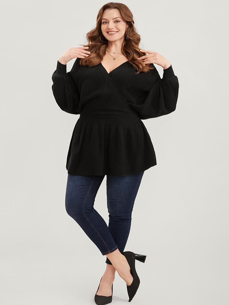 

Plus Size Solid Super Soft Rib Knit Dolman Sleeve Backless Wrap Knit Top Black Women Casual Loose Long Sleeve Overlap Collar Everyday Pullovers BloomChic