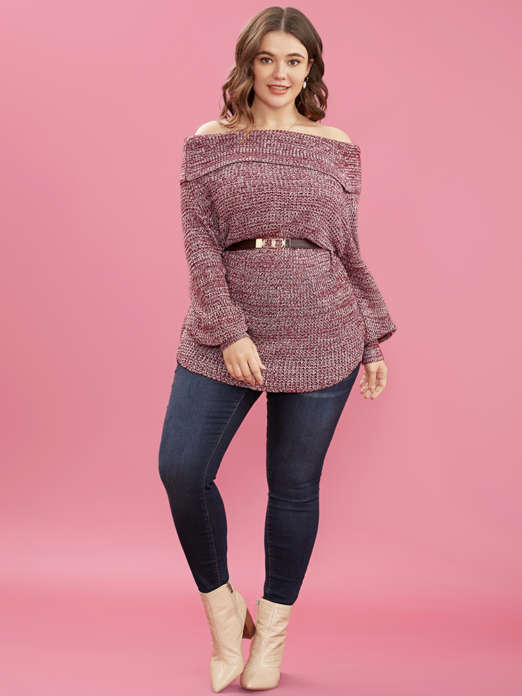 

Plus Size Solid Pointelle Knit Off Shoulder Arc Hem Heather Knit Top Russet Women Elegant Loose Long Sleeve One-shoulder neck Dailywear Pullovers BloomChic