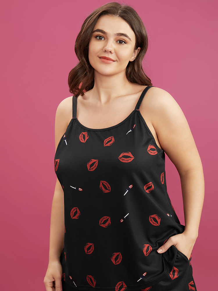 

Plus Size Lip Print Sleeveless Cami Top Black Lip Print Sleeveless Spaghetti Strap Dailywear Casual  Bloomchic