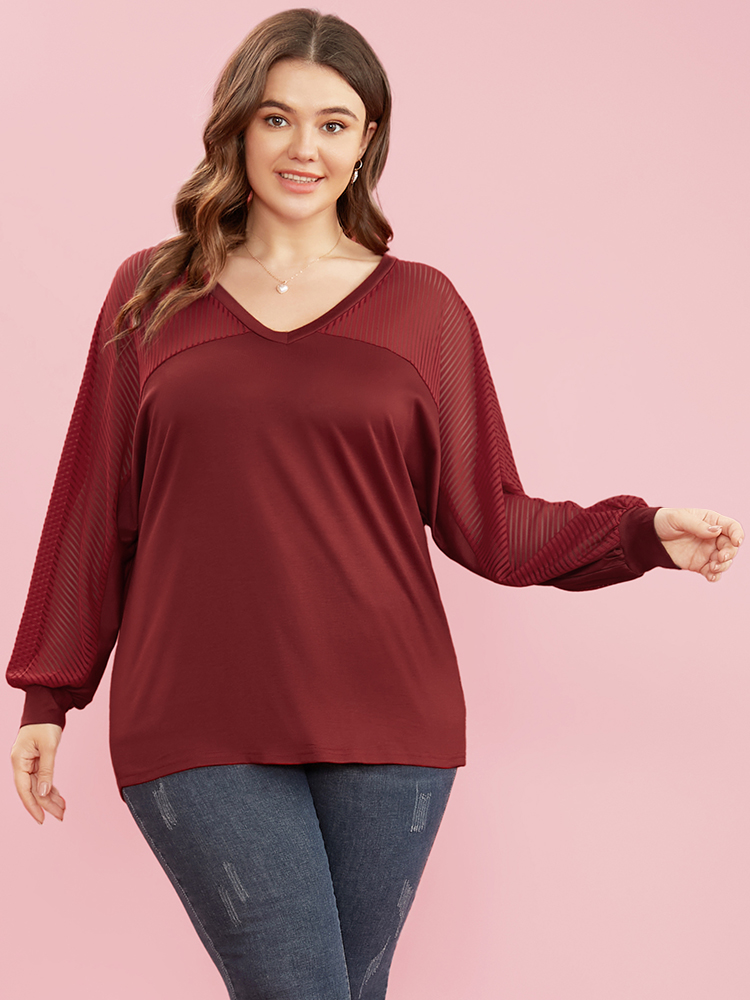 Plus Size Women Dailywear Plain See through Dolman Sleeve Long Sleeve Round Neck Elegant T-shirts BloomChic 