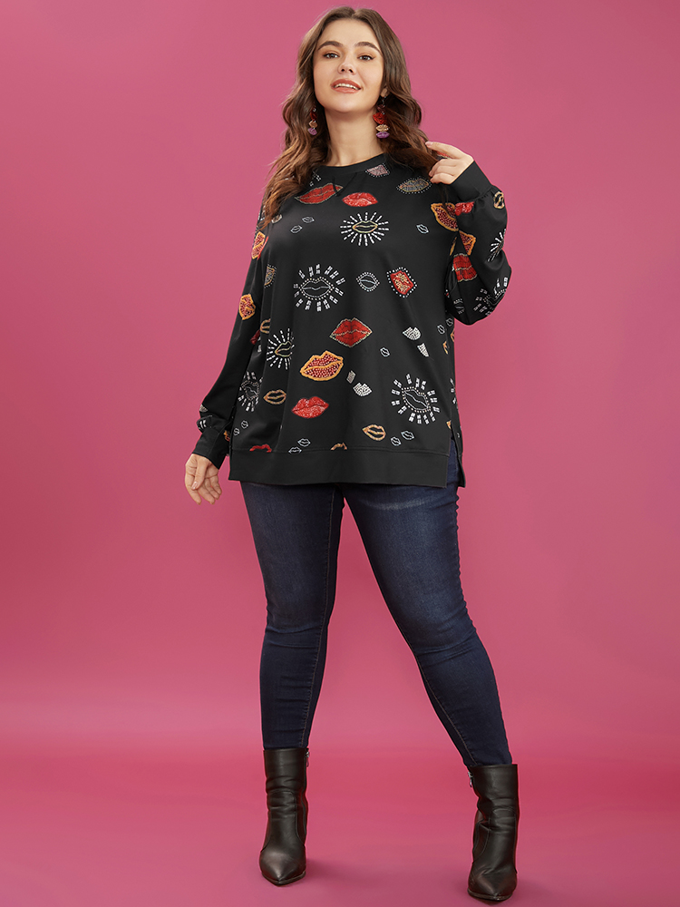 Plus Size Women Dailywear Lip Print Slit Regular Regular Sleeve Long Sleeve Round Neck Casual Sweatshirts BloomChic 