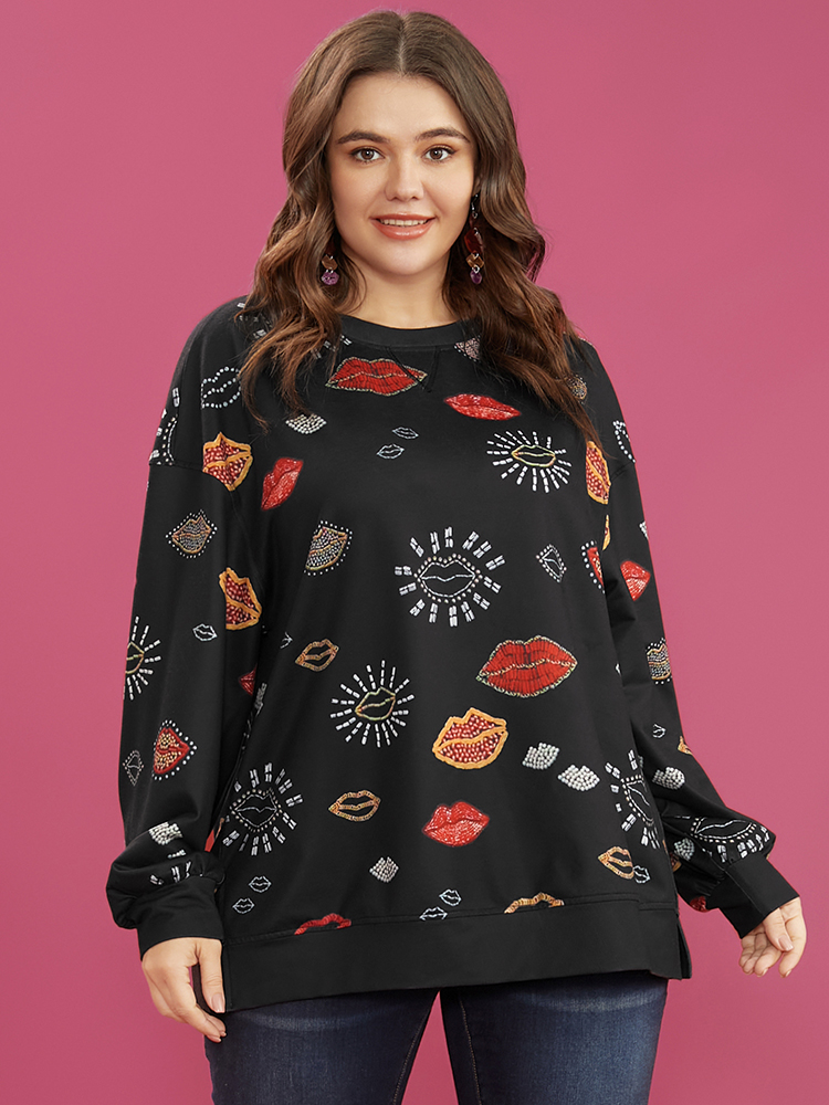 Plus Size Women Dailywear Lip Print Slit Regular Regular Sleeve Long Sleeve Round Neck Casual Sweatshirts BloomChic 