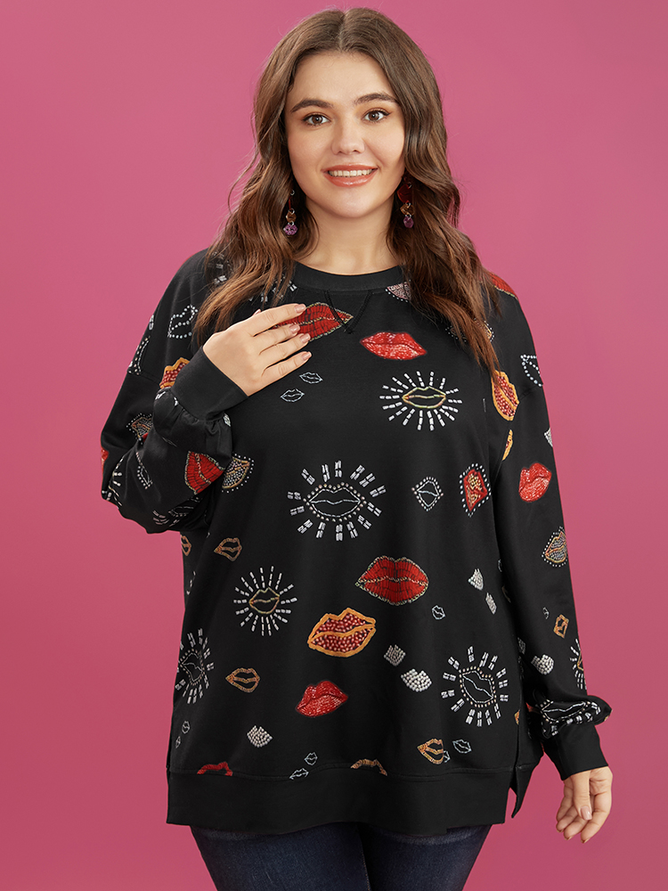 Plus Size Women Dailywear Lip Print Slit Regular Regular Sleeve Long Sleeve Round Neck Casual Sweatshirts BloomChic 