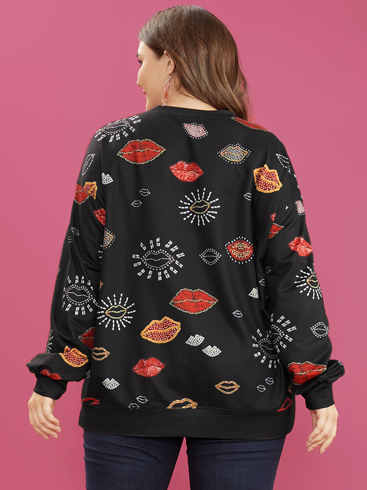 Plus Size Women Dailywear Lip Print Slit Regular Regular Sleeve Long Sleeve Round Neck Casual Sweatshirts BloomChic 