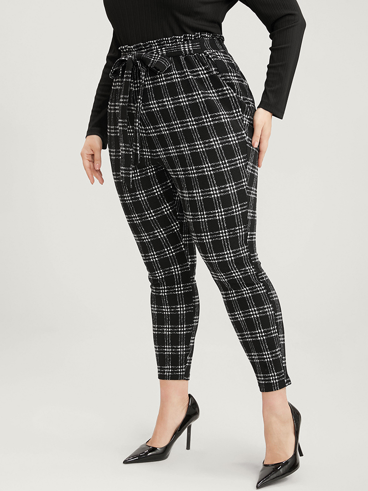 

Plus Size Plaid Paperbag Waist Belted Skinny Leggings Women Black Office Medium stretch Skinny Mid Rise Dailywear Leggings BloomChic