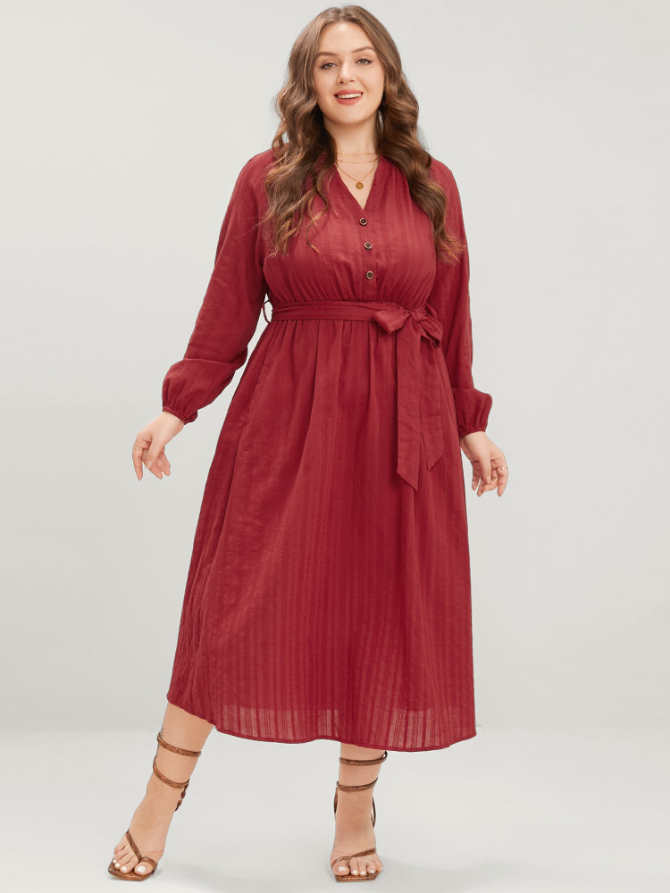 

Plus Size Plain Button Up Lantern Sleeve Pocket Belted Dress Crimson Women Elegant Pocket V-neck Long Sleeve Curvy Midi Dress BloomChic