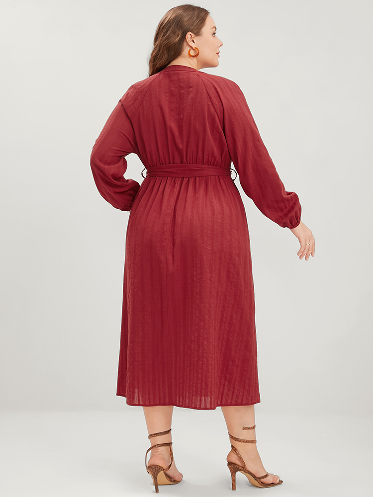 

Plus Size Plain Button Up Lantern Sleeve Pocket Belted Dress Crimson Women Elegant Pocket V-neck Long Sleeve Curvy Midi Dress BloomChic