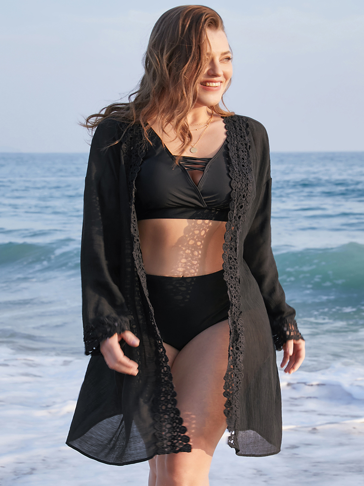 

Plus Size Contrast Lace Open Front Swim Cover Up Women's Swimwear Black Vacation Loose Patchwork Curve Swim Cover Ups BloomChic