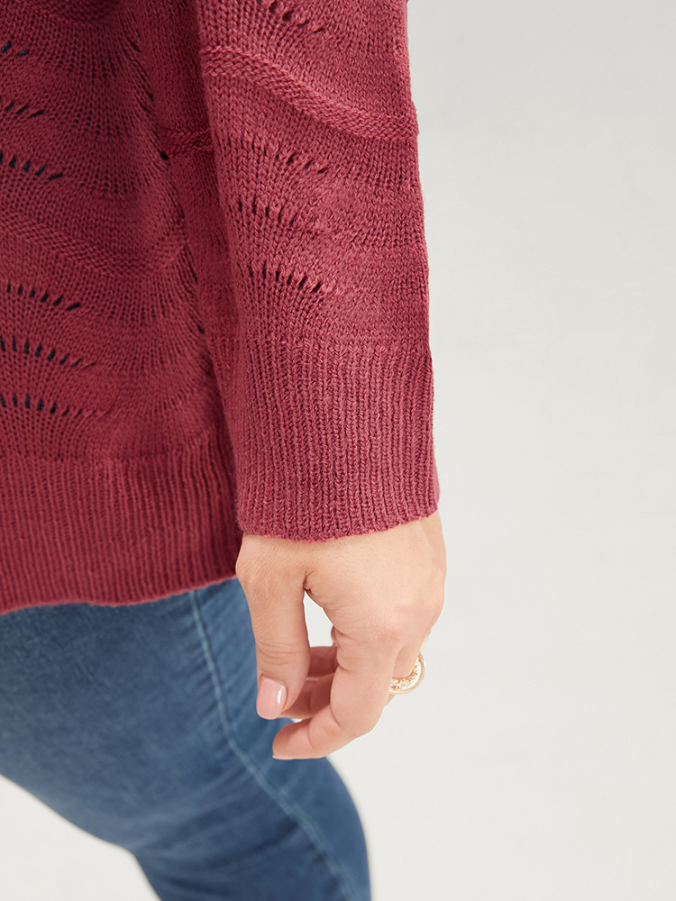 

Plus Size Plain Pointelle Knit Water Ripple Eyelet Knit Top Scarlet Women Casual Loose Long Sleeve V-neck Dailywear Pullovers BloomChic