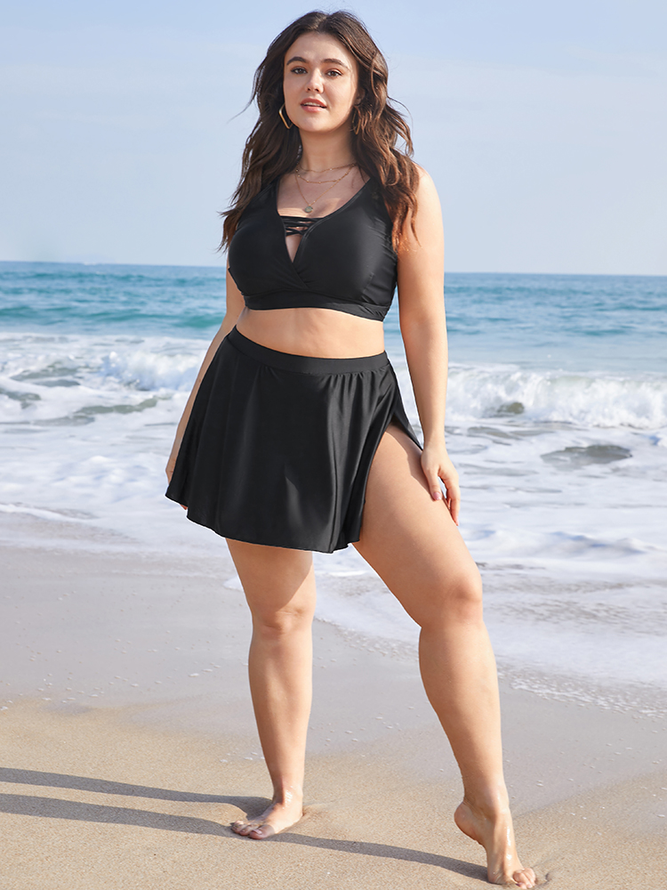 

Plus Size Plain High Waist Split Hem Swim Skirt Women's Swimwear Black Beach Non High stretch Bodycon High Rise Curve Swim Bottoms BloomChic