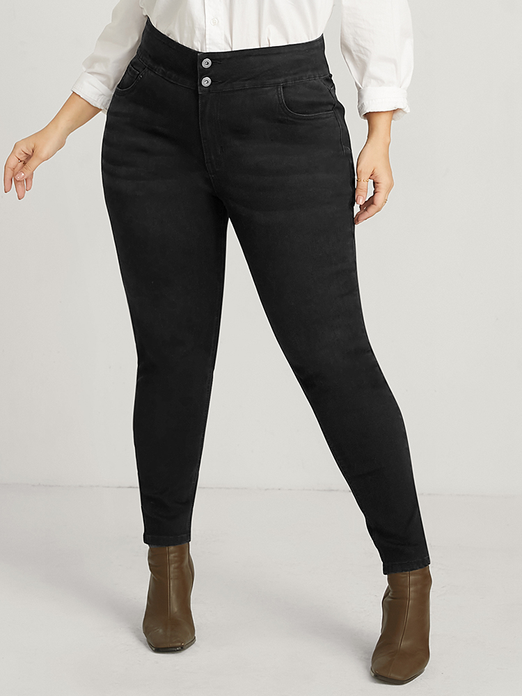 

Plus Size Skinny Slightly Stretchy High Rise Black Wash Double Button Jeans Women Black Casual Plain Plain Low stretch Pocket Jeans BloomChic