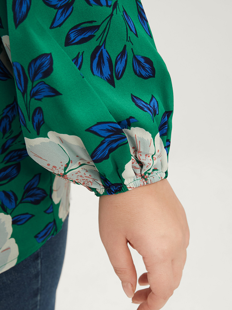 Plus Size Women Dailywear Floral Adjustable Straps Lantern Sleeve Long Sleeve One Shoulder Glamour Blouses BloomChic 