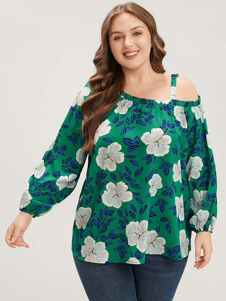 Plus Size Women Dailywear Floral Adjustable Straps Lantern Sleeve Long Sleeve One Shoulder Glamour Blouses BloomChic 