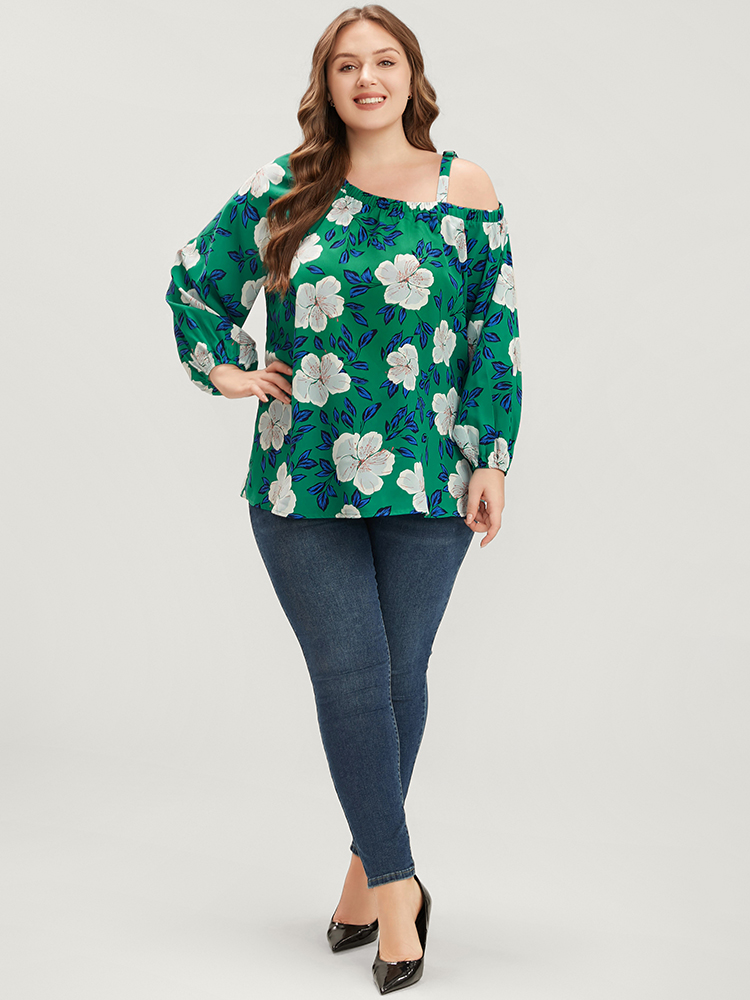 Plus Size Women Dailywear Floral Adjustable Straps Lantern Sleeve Long Sleeve One Shoulder Glamour Blouses BloomChic 