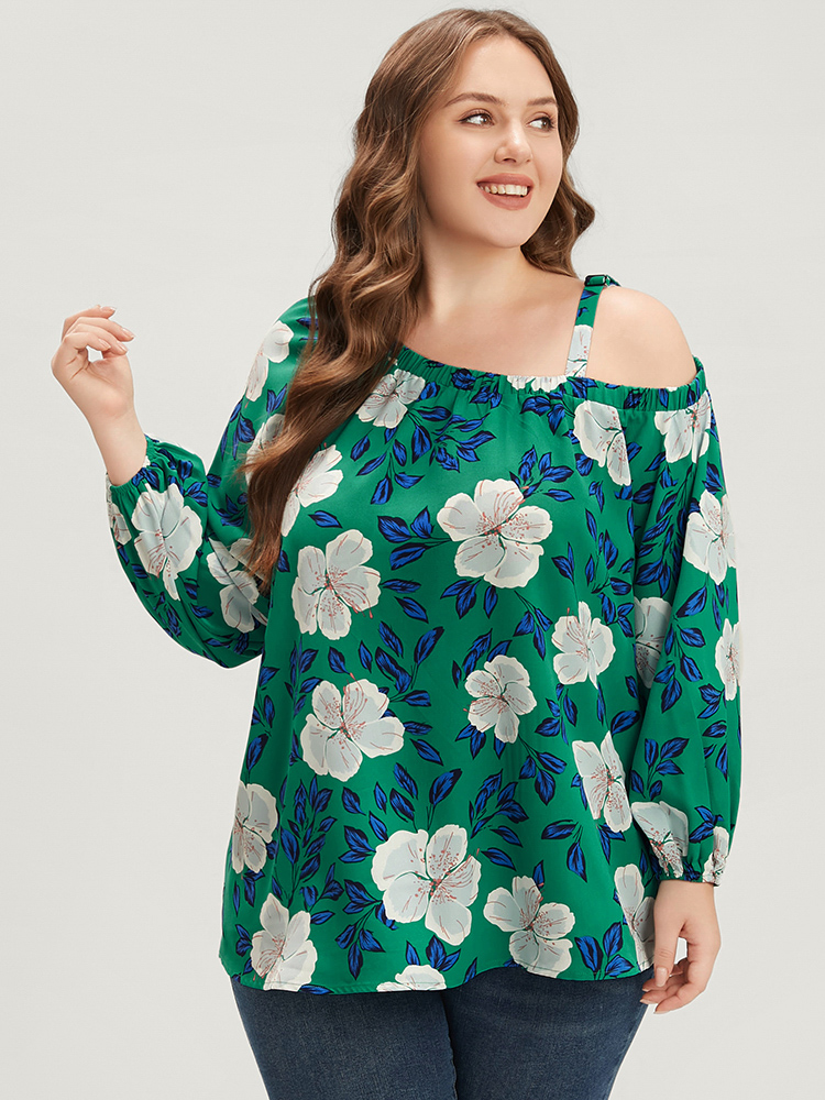 Plus Size Women Dailywear Floral Adjustable Straps Lantern Sleeve Long Sleeve One Shoulder Glamour Blouses BloomChic 