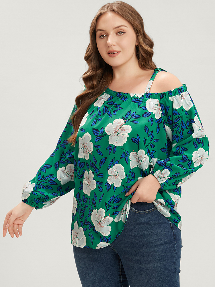 

Plus Size Emerald Floral Lantern Sleeve Adjustable Straps One Shoulder Blouse Women Glamour Long Sleeve One Shoulder Dailywear Blouses BloomChic