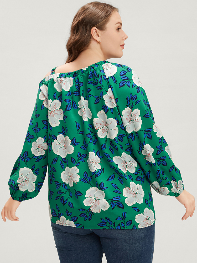 Plus Size Women Dailywear Floral Adjustable Straps Lantern Sleeve Long Sleeve One Shoulder Glamour Blouses BloomChic 