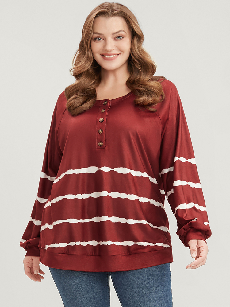 Plus Size Women Dailywear Striped Tie Dye Regular Lantern Sleeve Long Sleeve Round Neck Casual Sweatshirts BloomChic 
